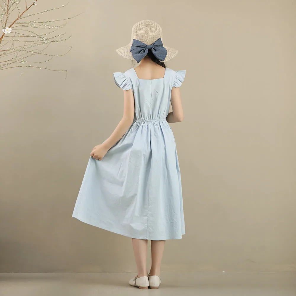 日系 蓝色飞袖长裙 Ruffle Cap Sleeve Midi Dress in Baby Blue