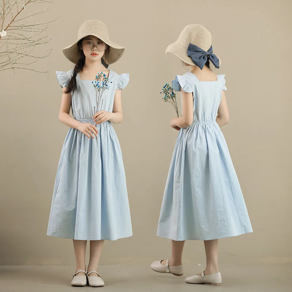 日系 蓝色飞袖长裙 Ruffle Cap Sleeve Midi Dress in Baby Blue