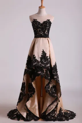 2024 Asymmetrical Bateau Prom Dresses Taffeta With Applique And PXX54NRN