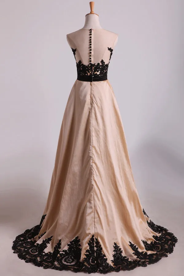 2024 Asymmetrical Bateau Prom Dresses Taffeta With Applique And PXX54NRN