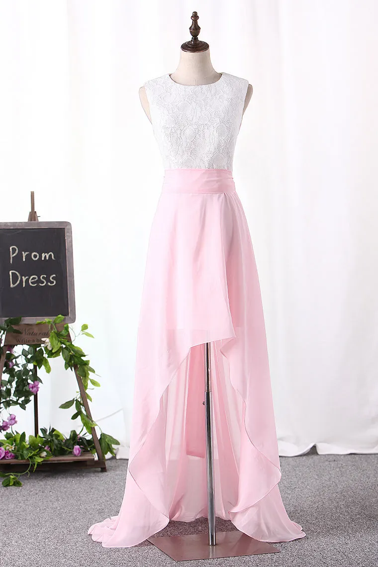 2024 Scoop Lace Bodice Prom Dresses With Asymmetrical Simple Style Skirt