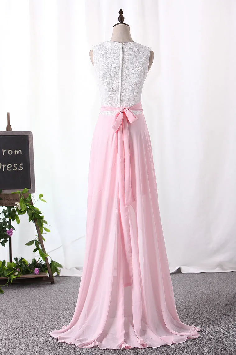 2024 Scoop Lace Bodice Prom Dresses With Asymmetrical Simple Style Skirt