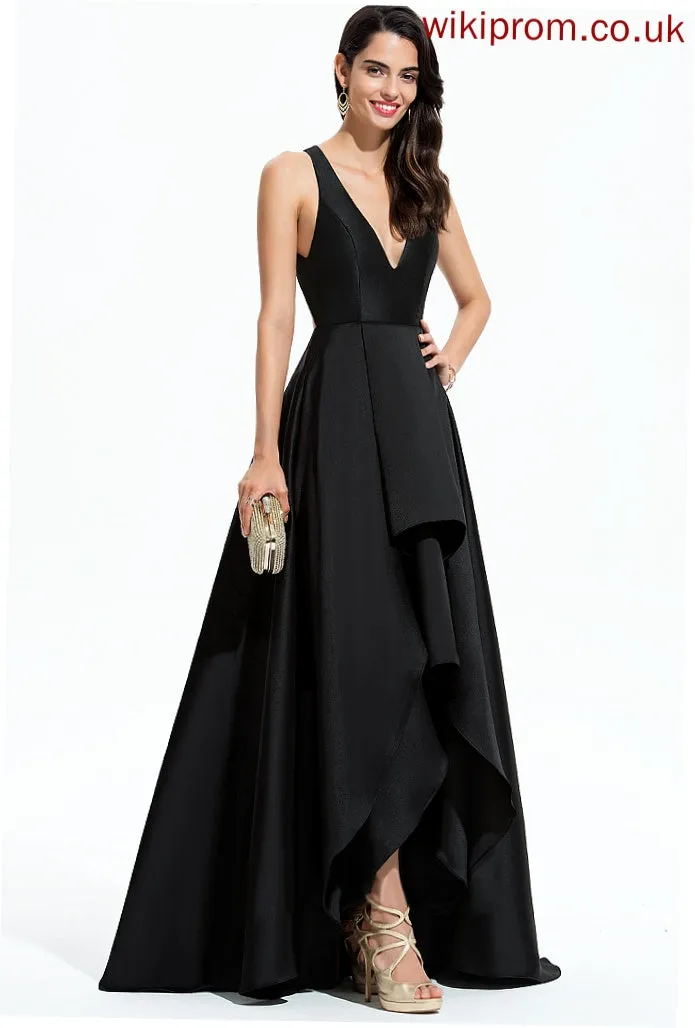 A-Line Asymmetrical Silhouette Fabric Straps&Sleeves Neckline V-neck Satin Length Ali Bridesmaid Dresses