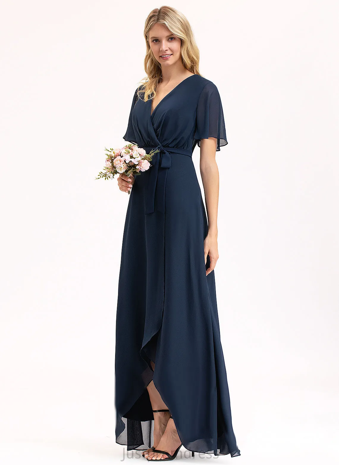 A-Line Bow(s) Asymmetrical Fabric Silhouette Length Embellishment Neckline Pleated V-neck Jackie One Shoulder Bridesmaid Dresses