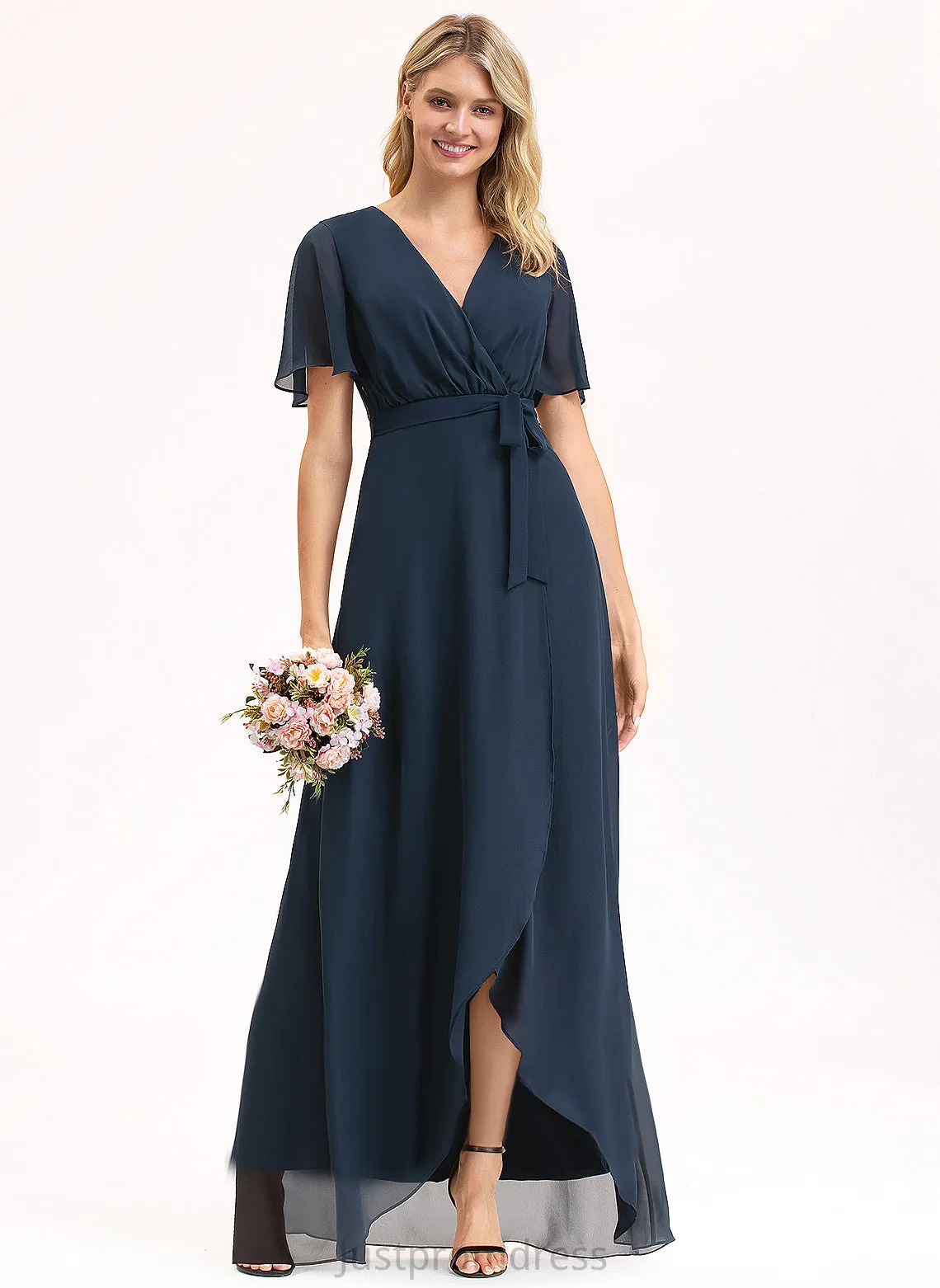 A-Line Bow(s) Asymmetrical Fabric Silhouette Length Embellishment Neckline Pleated V-neck Jackie One Shoulder Bridesmaid Dresses
