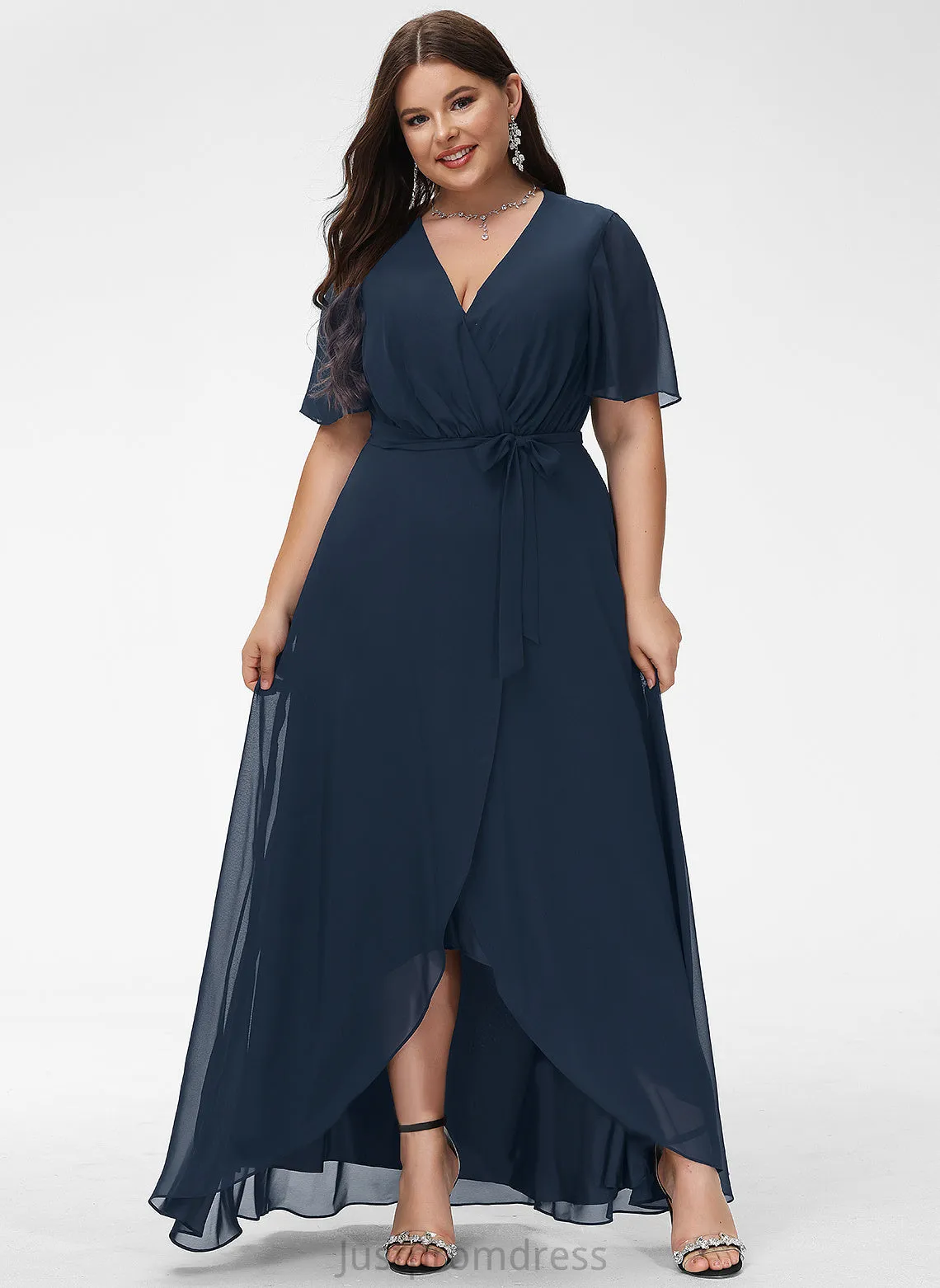 A-Line Bow(s) Asymmetrical Fabric Silhouette Length Embellishment Neckline Pleated V-neck Jackie One Shoulder Bridesmaid Dresses