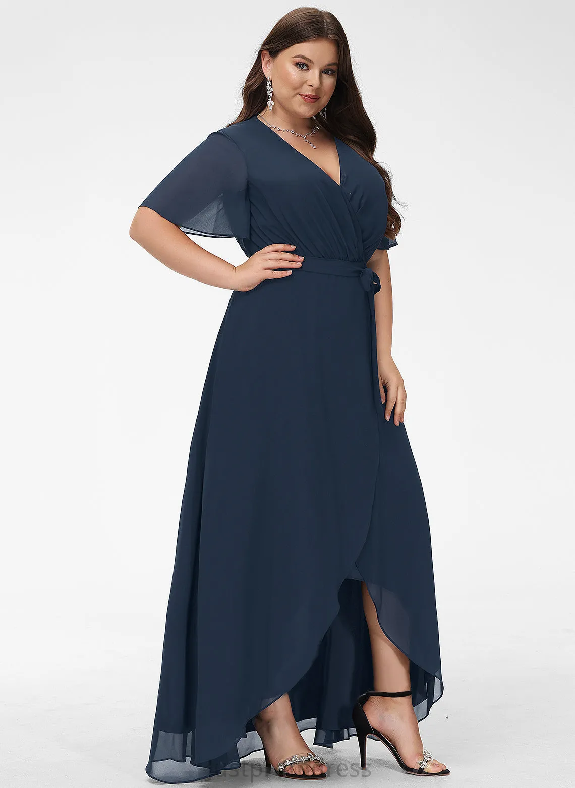 A-Line Bow(s) Asymmetrical Fabric Silhouette Length Embellishment Neckline Pleated V-neck Jackie One Shoulder Bridesmaid Dresses
