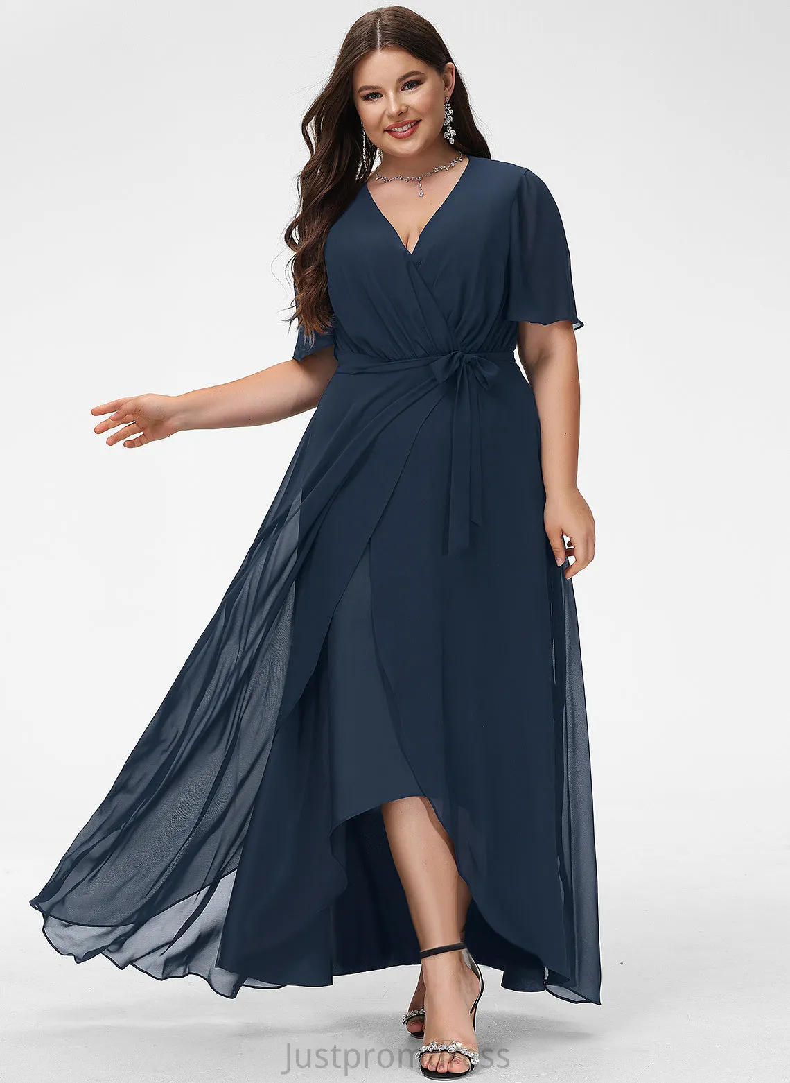 A-Line Bow(s) Asymmetrical Fabric Silhouette Length Embellishment Neckline Pleated V-neck Jackie One Shoulder Bridesmaid Dresses