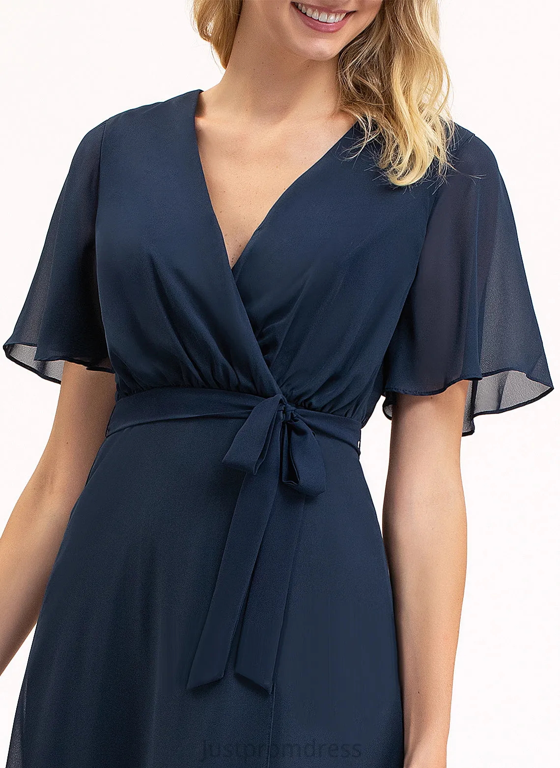 A-Line Bow(s) Asymmetrical Fabric Silhouette Length Embellishment Neckline Pleated V-neck Jackie One Shoulder Bridesmaid Dresses