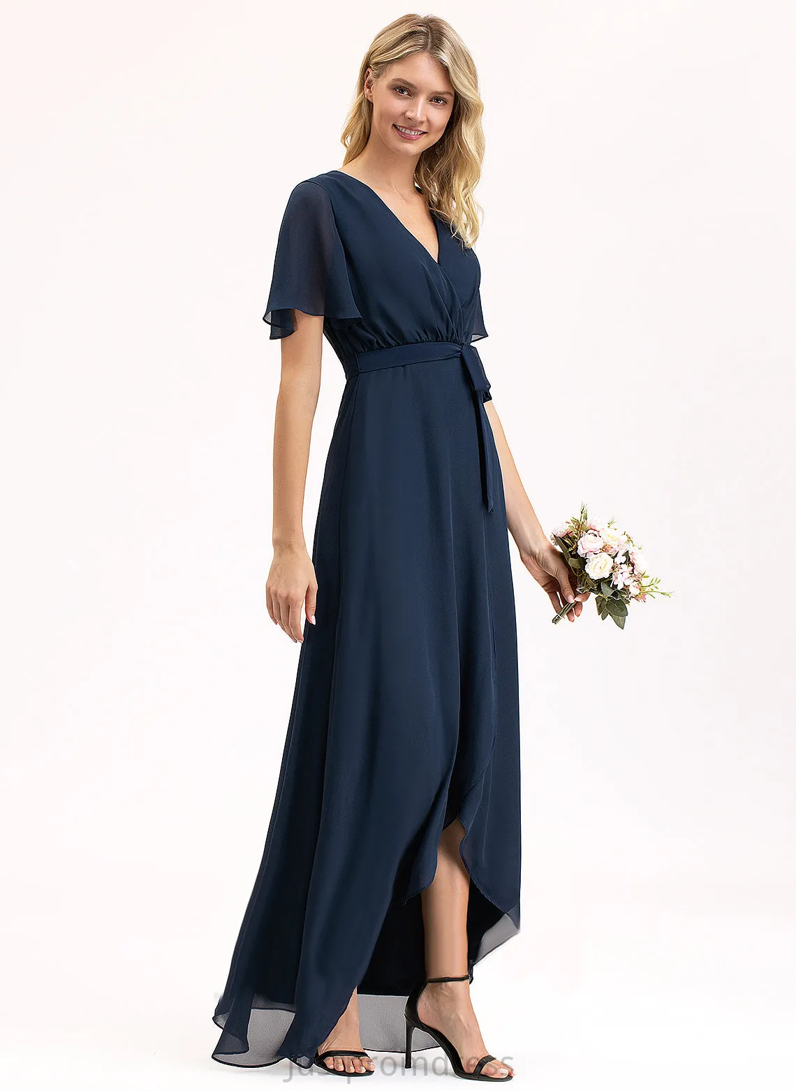 A-Line Bow(s) Asymmetrical Fabric Silhouette Length Embellishment Neckline Pleated V-neck Jackie One Shoulder Bridesmaid Dresses