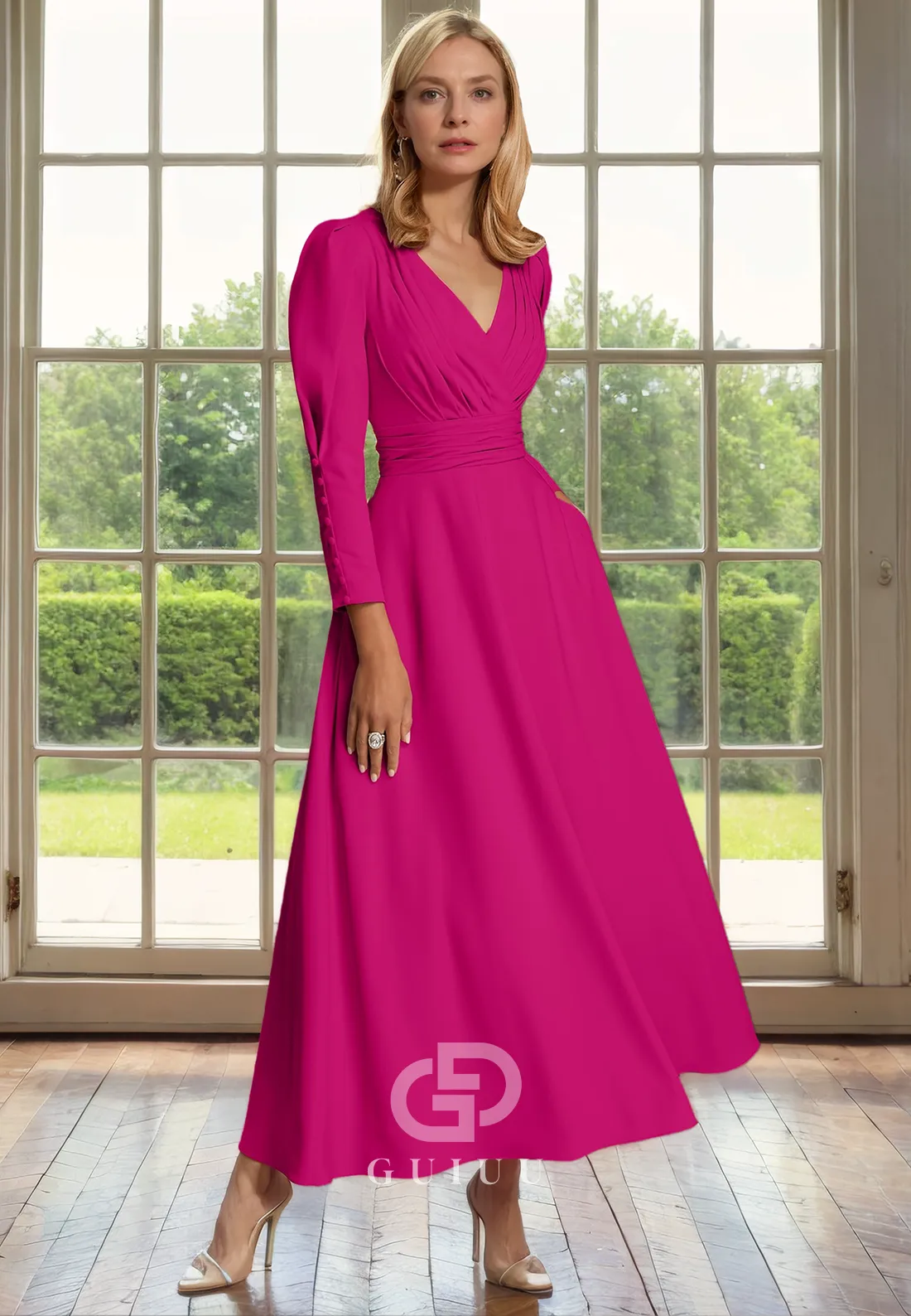 A-Line V Neck Long Sleeves Pleated Tea Length Chiffon Mother of Bride Dress