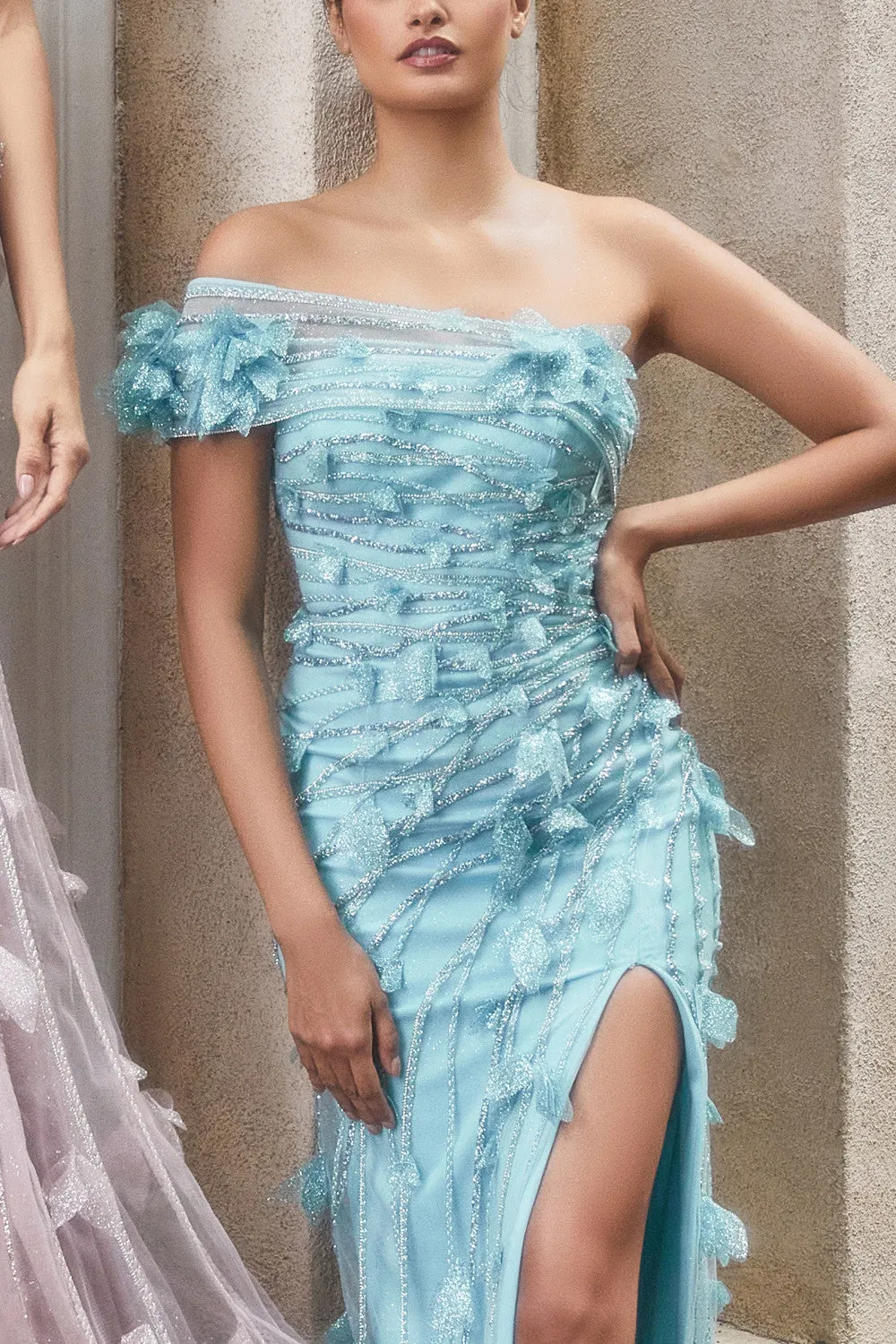 Andrea & Leo Asymmetrical Neckline Leaves Appliques Long Gown A1155