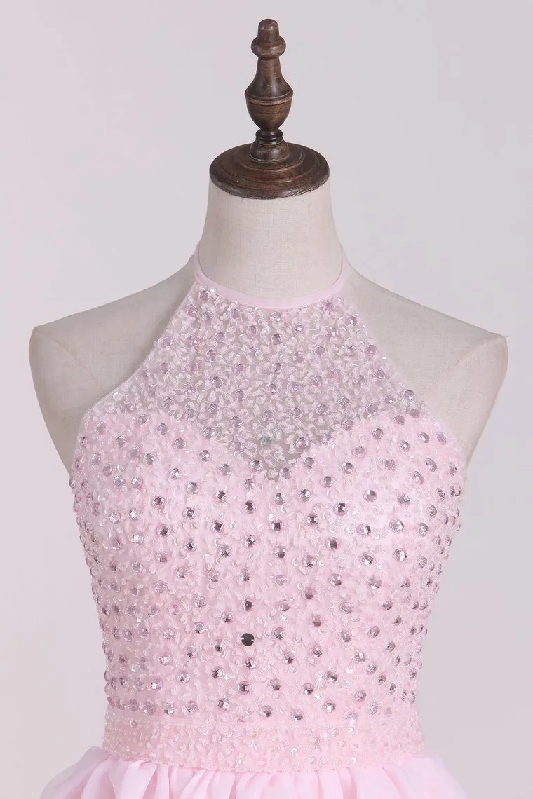 Asymmetrical Halter Organza With Beading A Line Prom Dresses