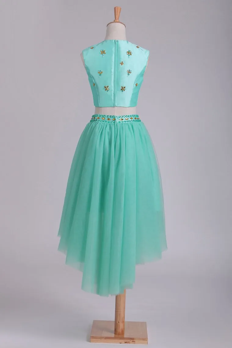 Asymmetrical Scoop A Line Two Pieces Tulle With Beads Prom Dresses