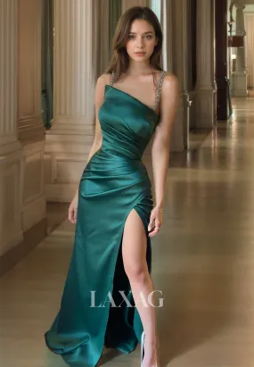 Beaded Spaghetti Straps Sleeveless Mermaid Prom Dress Asymmetrical Tube Top Floor-Length Party Dress
