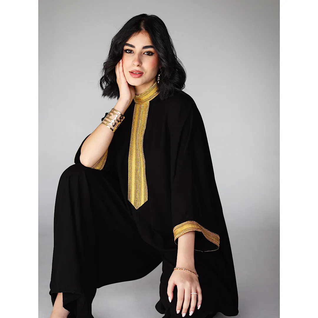 Black dropped crotch embroidered jumpsuit