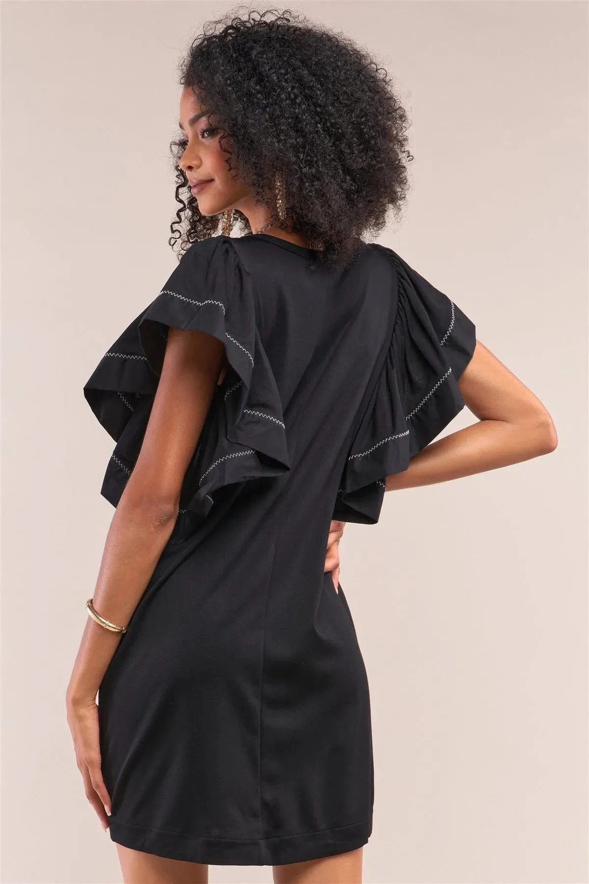 Black Loose Fit White Stitched Wing Sleeve Mini  Dress /1-2-2-1