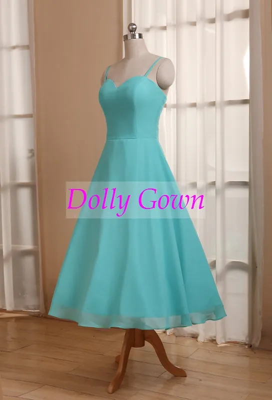 Blue Tea Length 50s Style Bridesmaid Dresses with Spaghetti Straps