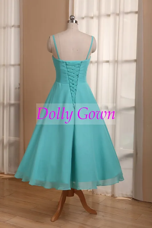 Blue Tea Length 50s Style Bridesmaid Dresses with Spaghetti Straps