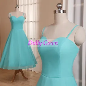 Blue Tea Length 50s Style Bridesmaid Dresses with Spaghetti Straps