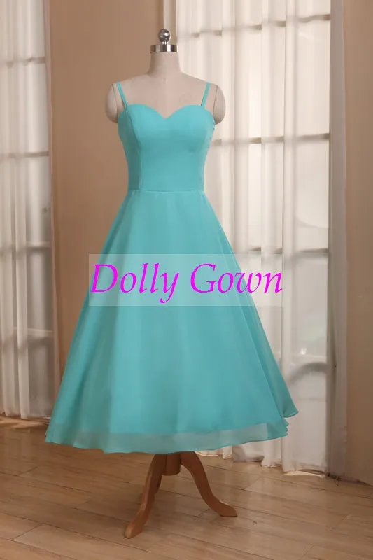 Blue Tea Length 50s Style Bridesmaid Dresses with Spaghetti Straps