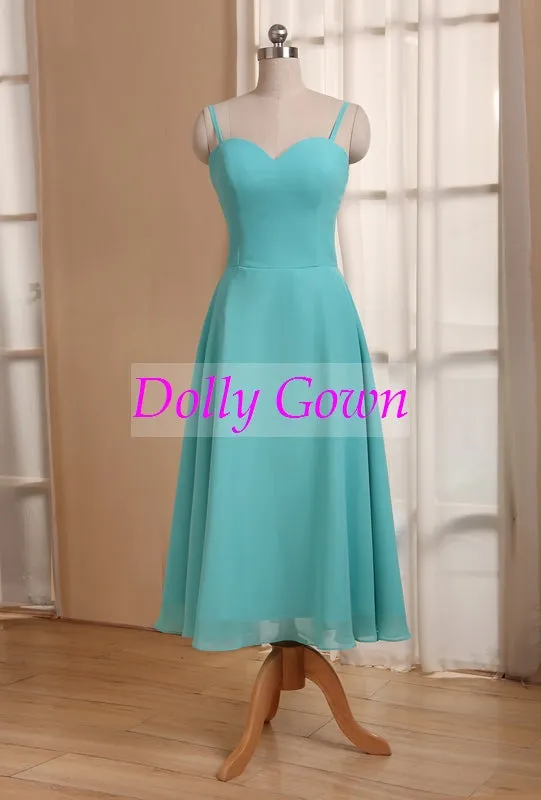 Blue Tea Length 50s Style Bridesmaid Dresses with Spaghetti Straps