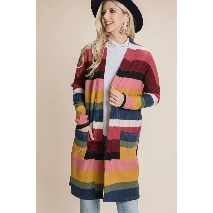 BOMBOM Color Block Striped Open Front Cardigan