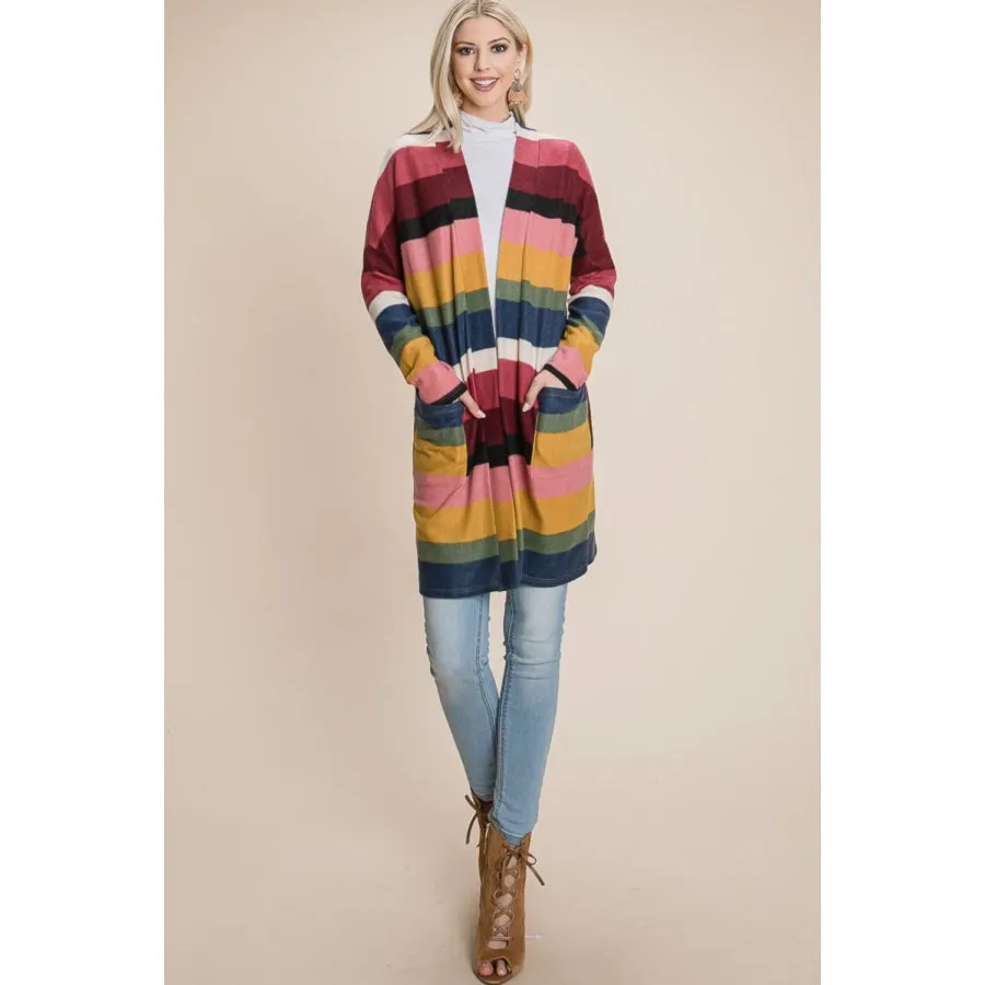 BOMBOM Color Block Striped Open Front Cardigan