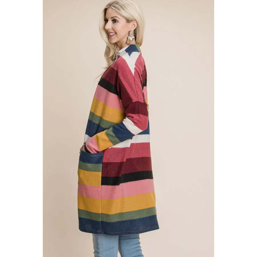 BOMBOM Color Block Striped Open Front Cardigan