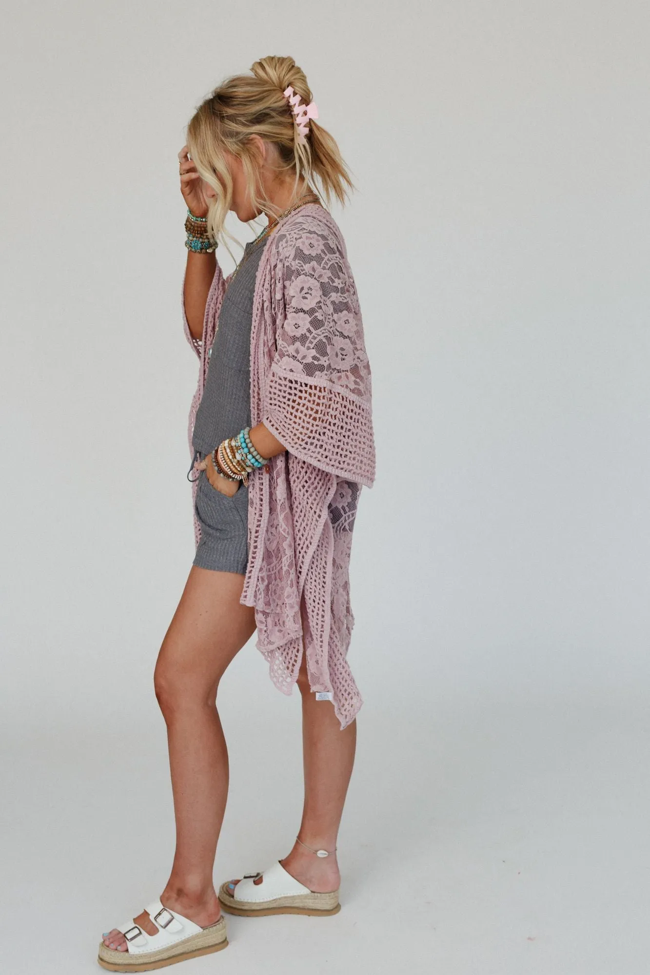 Breezy Floral Lace Kimono - Rose