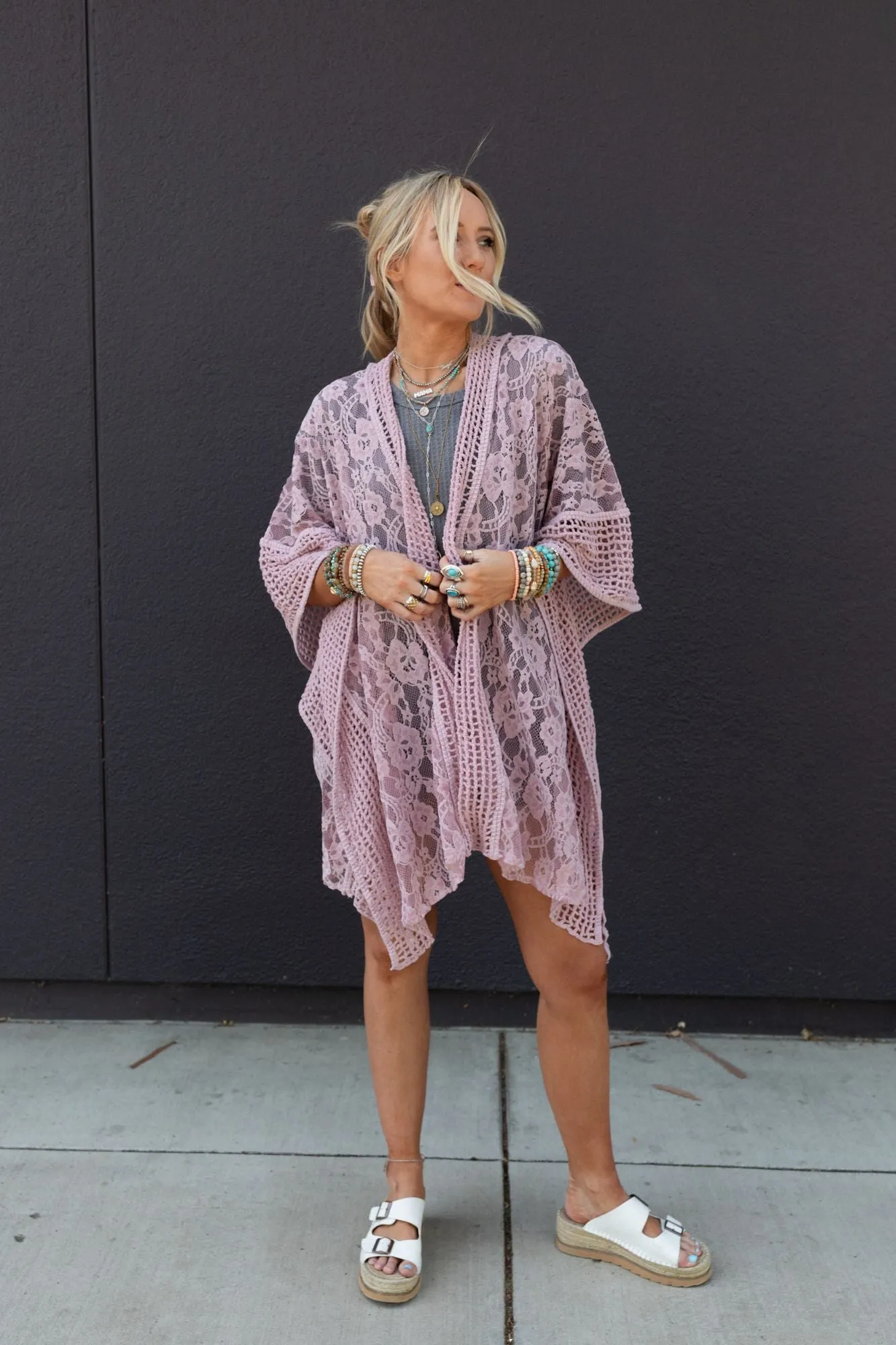 Breezy Floral Lace Kimono - Rose