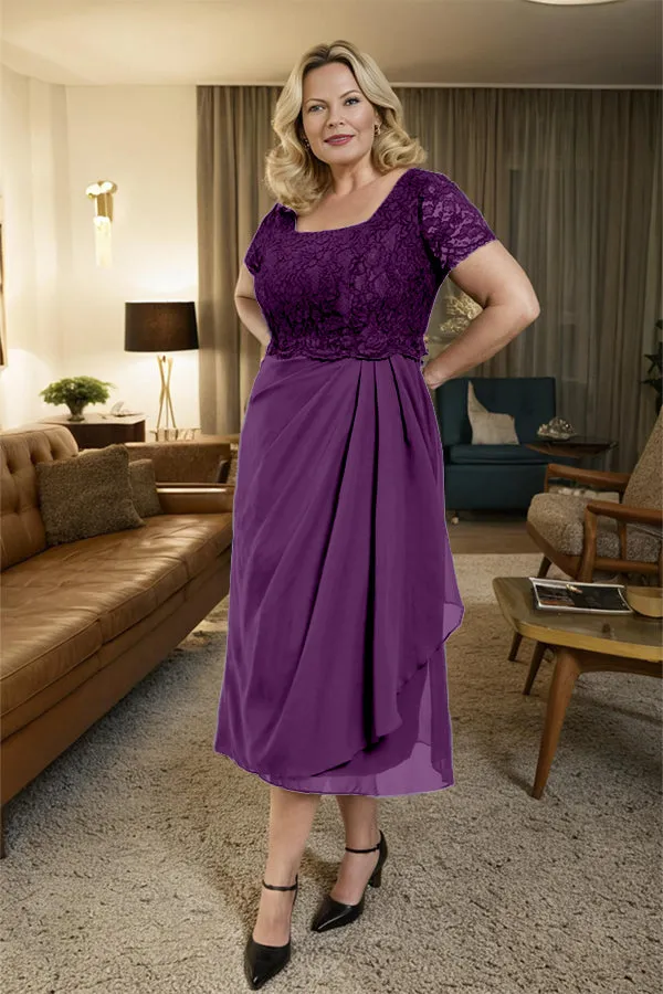 Classic Short Sleeves Ruched Tea Length Mother of the Bride Dress