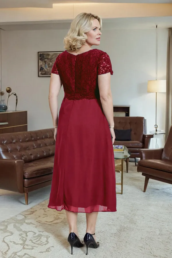 Classic Short Sleeves Ruched Tea Length Mother of the Bride Dress