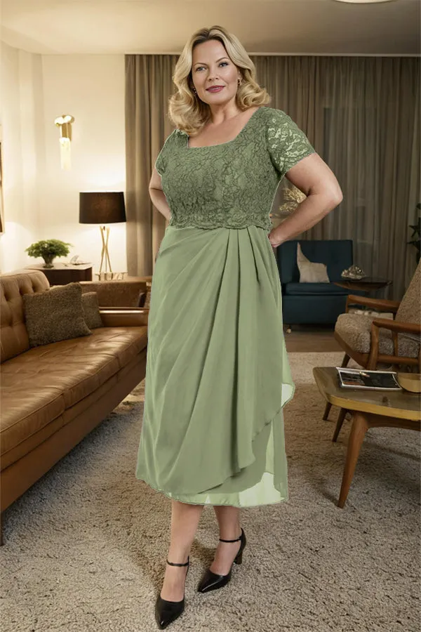 Classic Short Sleeves Ruched Tea Length Mother of the Bride Dress