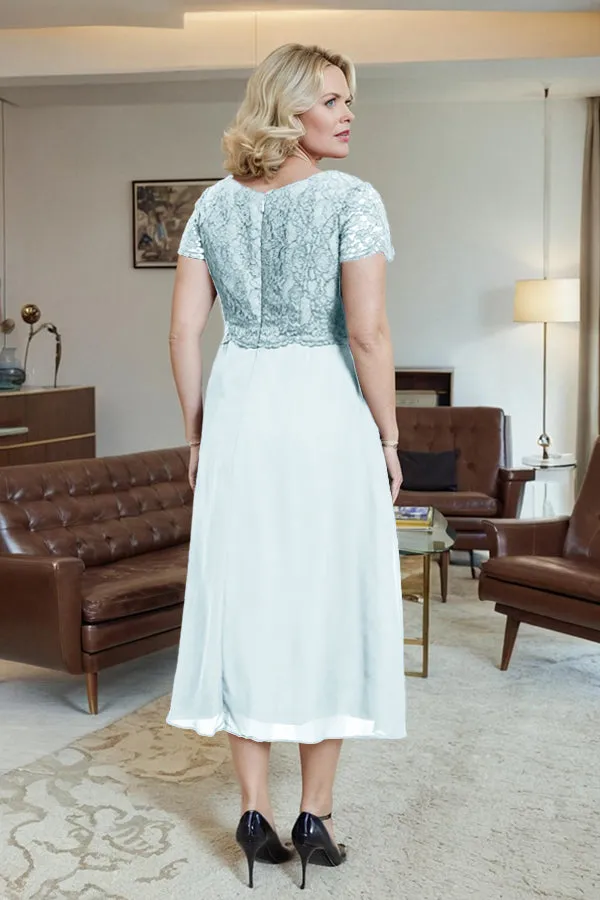 Classic Short Sleeves Ruched Tea Length Mother of the Bride Dress