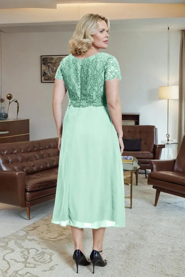 Classic Short Sleeves Ruched Tea Length Mother of the Bride Dress