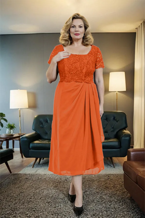 Classic Short Sleeves Ruched Tea Length Mother of the Bride Dress