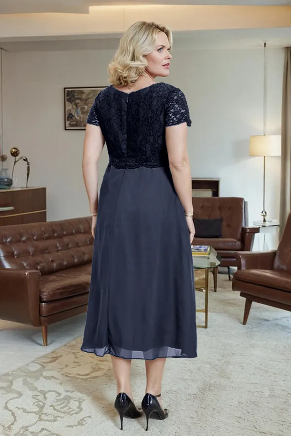 Classic Short Sleeves Ruched Tea Length Mother of the Bride Dress