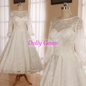 Classic Vintage  Audrey Hepburn 1950s Tea Length Lace Wedding Dress with Sleeves
