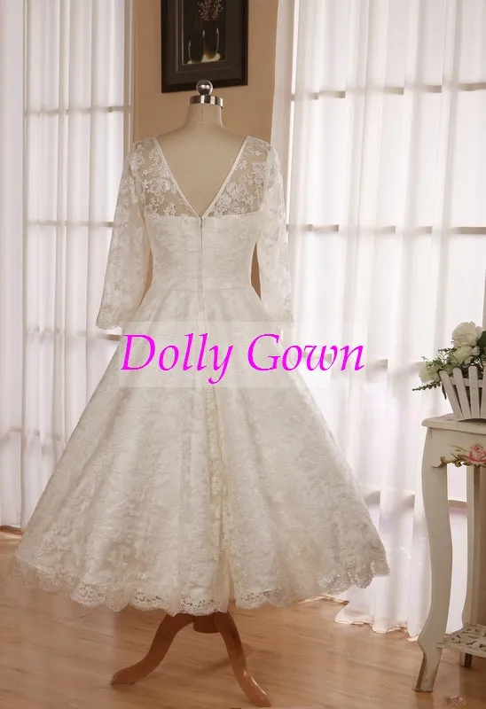 Classic Vintage  Audrey Hepburn 1950s Tea Length Lace Wedding Dress with Sleeves