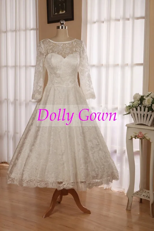 Classic Vintage  Audrey Hepburn 1950s Tea Length Lace Wedding Dress with Sleeves