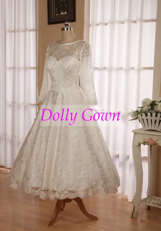 Classic Vintage  Audrey Hepburn 1950s Tea Length Lace Wedding Dress with Sleeves