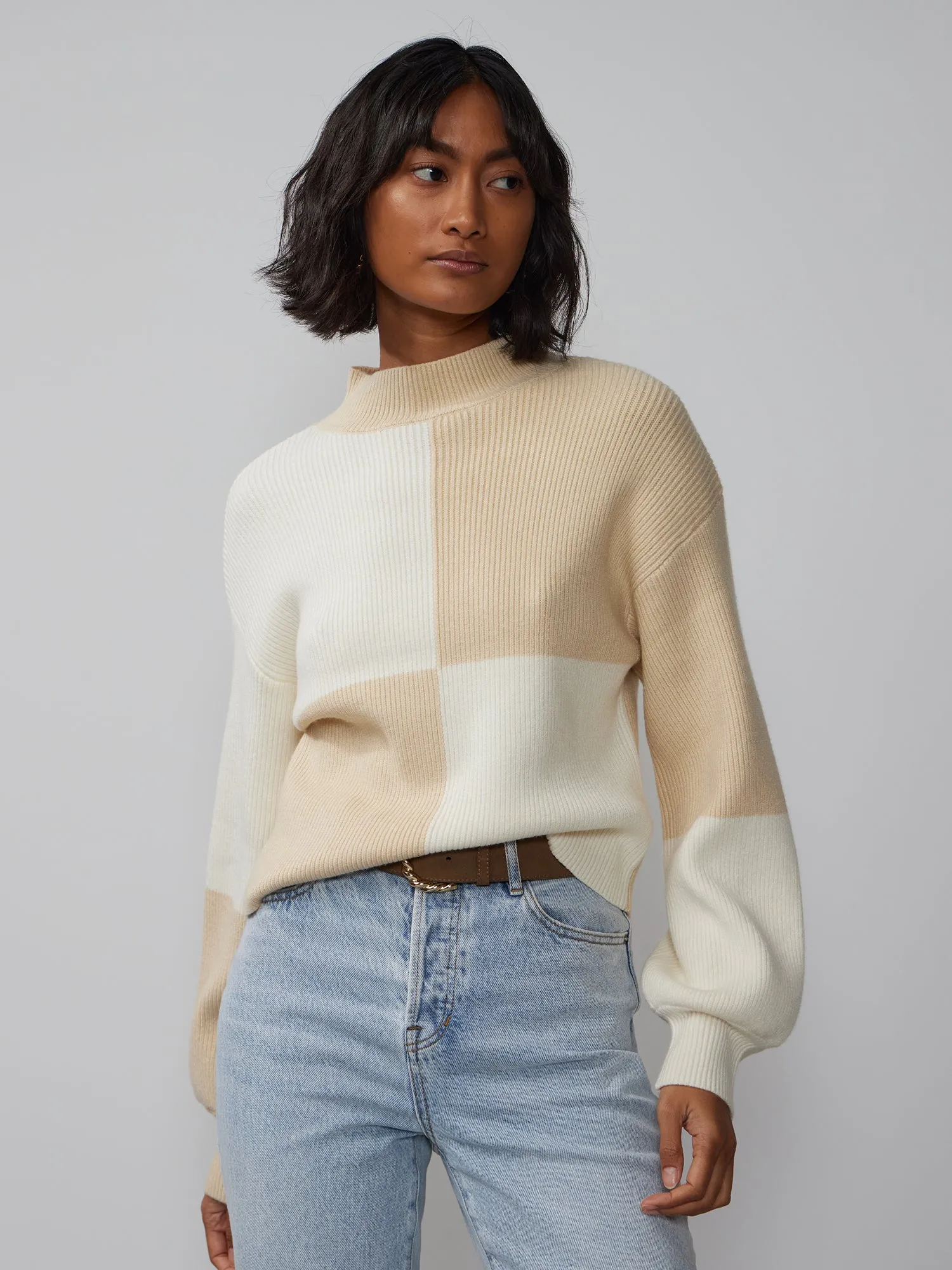 Color Block Mock Neck Sweater