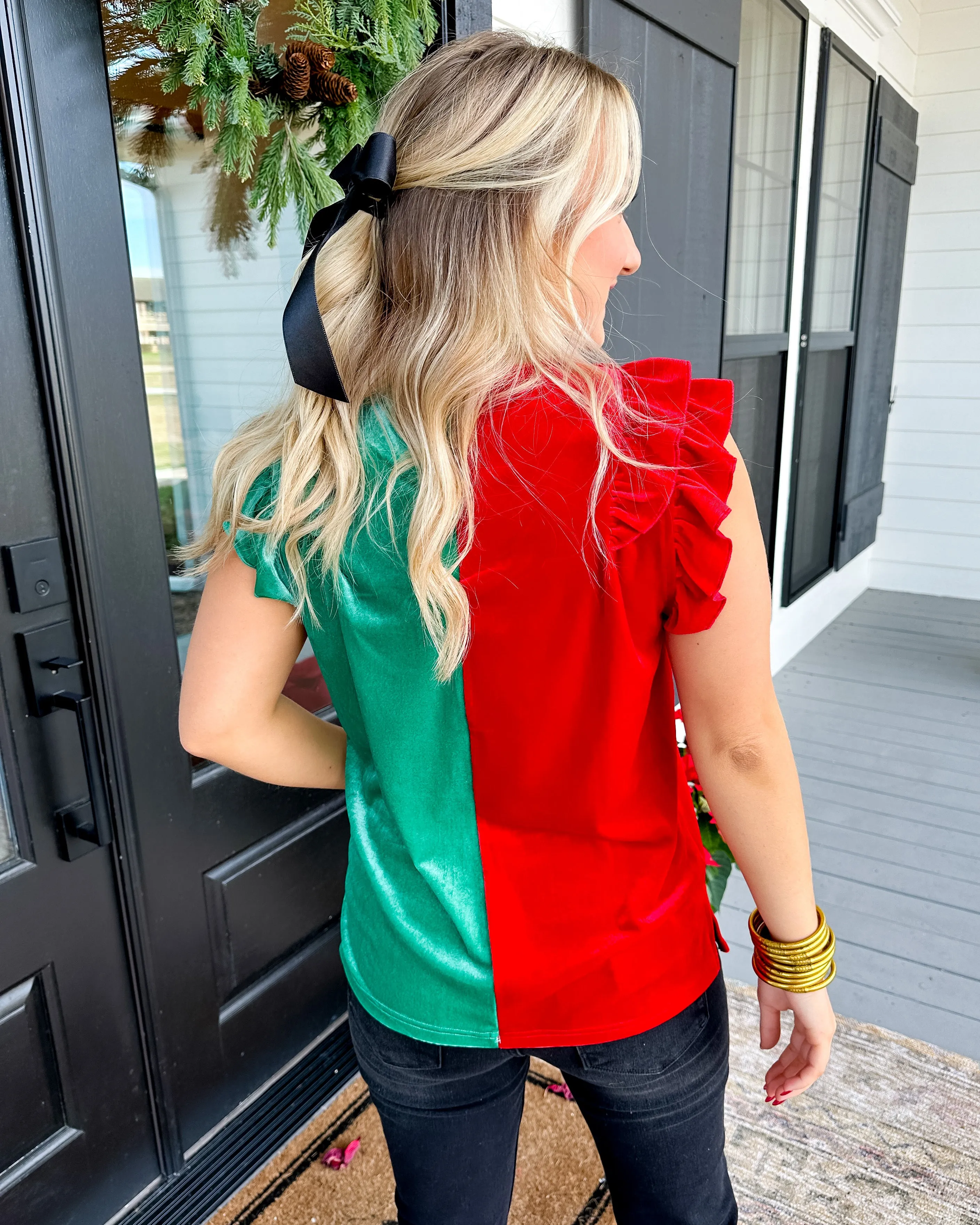Color Block Velvet Ruffle Sleeve Top