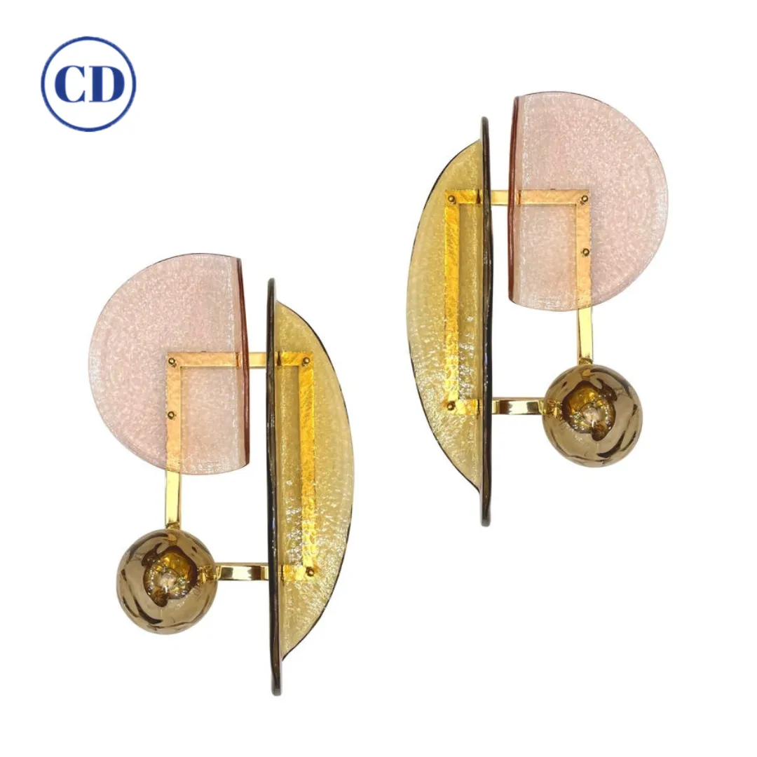 Contemporary Italian Pair of Organic Pink Amber Murano Glass Gold Brass Sconces
