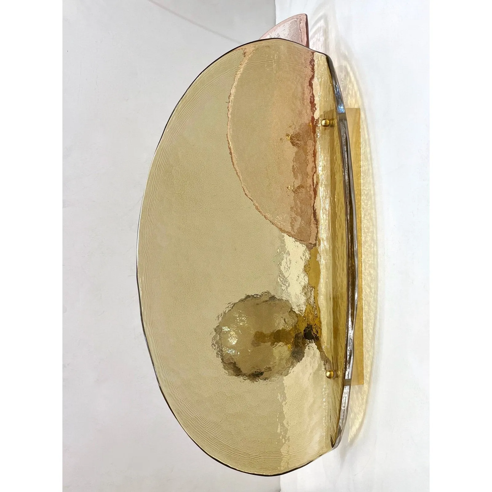 Contemporary Italian Pair of Organic Pink Amber Murano Glass Gold Brass Sconces