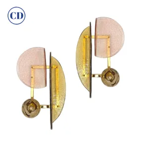 Contemporary Italian Pair of Organic Pink Amber Murano Glass Gold Brass Sconces