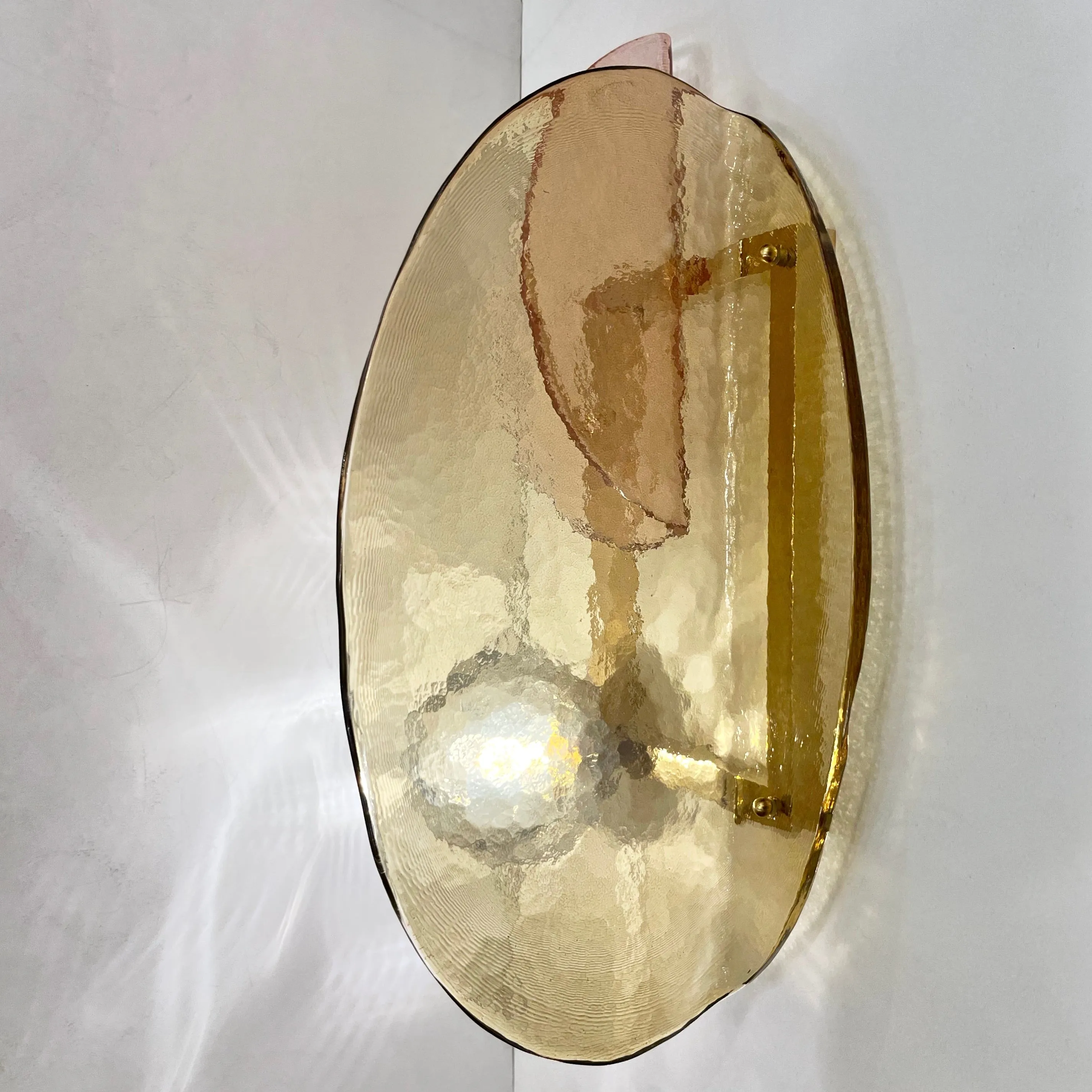 Contemporary Italian Pair of Organic Pink Amber Murano Glass Gold Brass Sconces