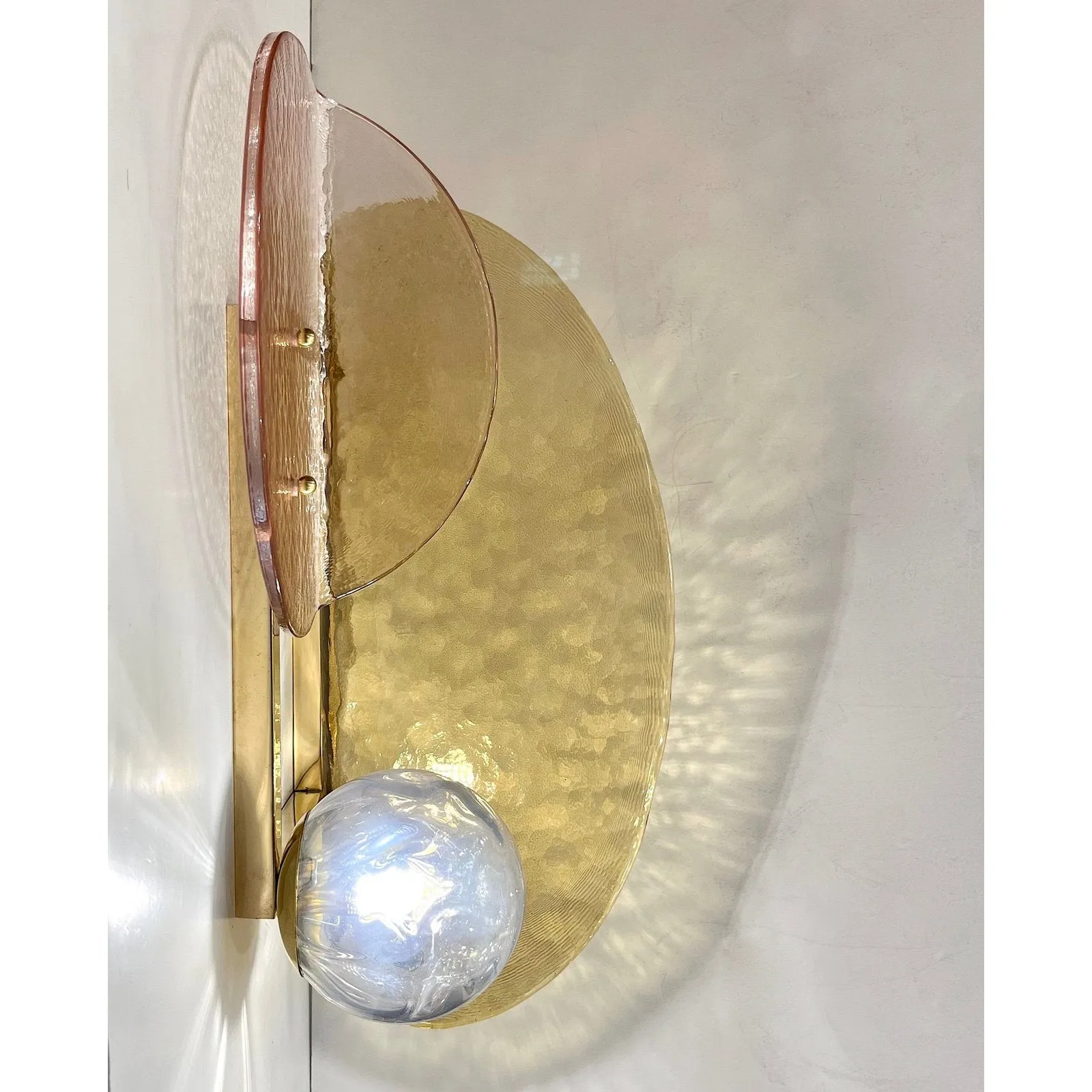 Contemporary Italian Pair of Organic Pink Amber Murano Glass Gold Brass Sconces
