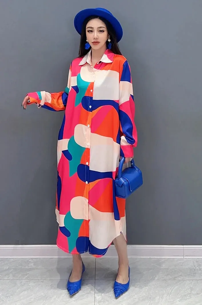 Contrast Colour Print Loose Versatile Mid Casual Shirt Dress